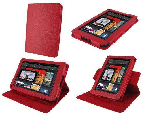 rooCASE Dual-View Multi Angle (Red) Genuine Leather Folio Case Cover for Amazon Kindle Fire 7-Inch Android Tablet