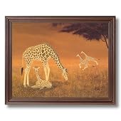 African Giraffe Family Animal Wildlife Home Decor Wall Picture Cherry Framed Art Print