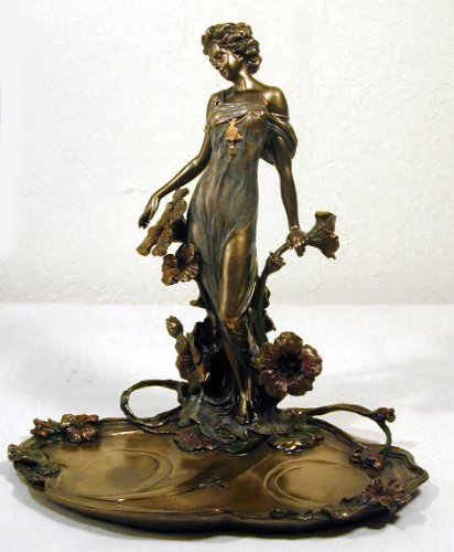 Art Nouveau Lady Camilia Trinket Dish Statue, Real Bronze Powder Cast Sculpture 10 1/2-inch
