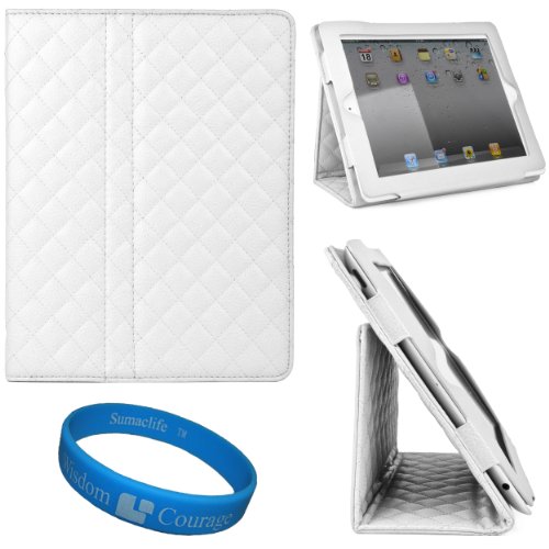 White Quilted Diamond Design Leather Portfolio Case Cover with Integrated Fold to Stand Feature for Apple New iPad (iPad 3rd Generation) iPad 3 (16GB 32GB 64GB) and Apple iPad 2 + SumacLife TM Wisdom Courage Wristband