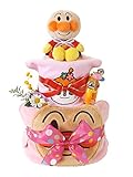 おむつケーキ アンパンマン あったかスリーパー＆おもちゃ付き 2段 ピンク 女の子用 (メリーズMサイズ(17枚入り))