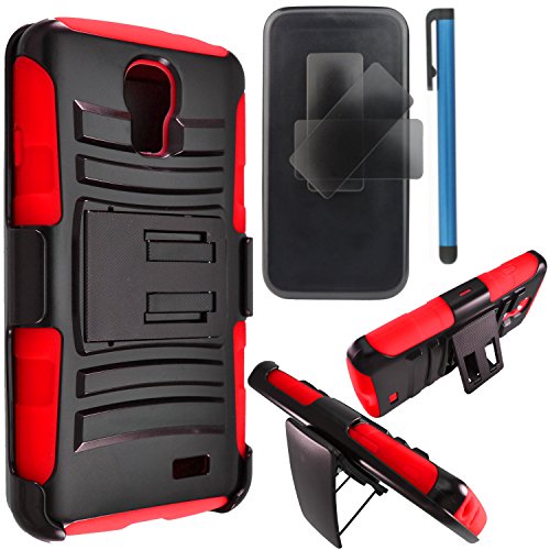 LG L31G / LG Access LTE Case Combo by ICE-CLEAR(TM)-HERCULES Dual- Layer Hard/Gel Hybrid Kickstand Armor Case w/ Holster (Black/Red)+Touch Screen Stylus