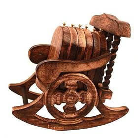 Wooden coaster set in antique look with six coasters delicately set in wooden rocking chair stand