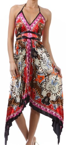 Flower and Leaves Print Satin Pleated V-Neck Halter Handkerchief Hem Maxi / Long Dress ( 2 Colors )