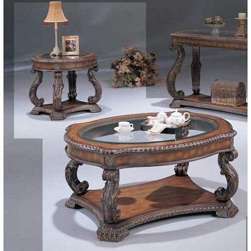 Anitqued Finish Glass Enlay Top 3 Piece Occasional Table Set