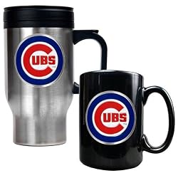 Chicago Cubs MLB Stainless Steel Travel Mug & Black Ceramic Mug Set - Primary Logo by Great American Products