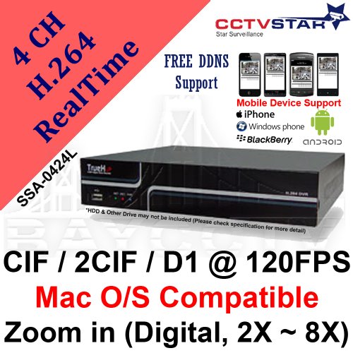 CCTVSTAR True-H SSA-0424L 4CH H.264 CIF / 2CIF / D1 @ 120 FPS Real Time Standalone DVR 2X-8X Digital Zoom MAC OS Compatible