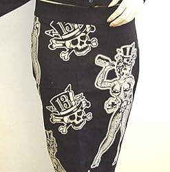 Lucky 13 Voodoo Doll Skirt, Devil in Skirts Black Pencil Skirt with Voodoo Doll and Skulls Design
