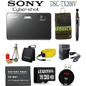 Sony Cyber-shot DSC-TX200V/R 18.2 MP Waterproof Digital Camera (Red) with 5x Optical Zoom and 3.3-inch OLED (2012 Model) + Battery + 16GB Card + Travel Charger + Cleaning kit + Mini Tripod + Case + Kodak Card Reader + Camera Floating Strap