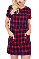 Plaid Print Shift Cotton Short Sleeves Fall  Dress