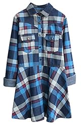 Cotton/Polyester Plaid Print Pleated  Long Sleeves  Dress With Ruffles