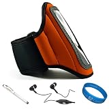 Orange SumacLife Moisture Resistant Neoprene Hardcore Workout Armband for Nokia Lumia 900 / Nokia Lumia 910 / Nokia Lumia 610 / Nokia Lumia 710 / Nokia 808 PureView / Nokia Asha 302 / Nokia Lumia 800 / Nokia 603 / Nokia 701 / Nokia N9 / Nokia E6 / Nokia X7 + Executive White Stylus Pen with Laser Pointer and LED Light + Black Handsfree Headphones with Mic + INCLUDES!!! SumacLife TM Wisdom Courage Wristband