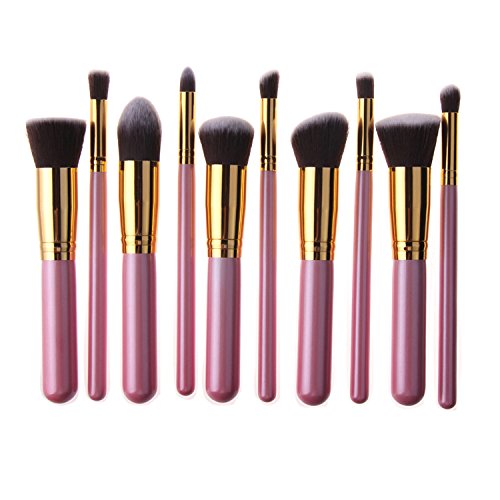 Unimeix 10 Pcs Premium Synthetic Kabuki Makeup Brush Set Cosmetics Foundation Blending Blush Eyeliner Face Powder Brush Makeup Brush Kit (Pink Golden)
