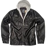GUESS Mens Black Seattle Hooded Logo Faux Leather Jacket