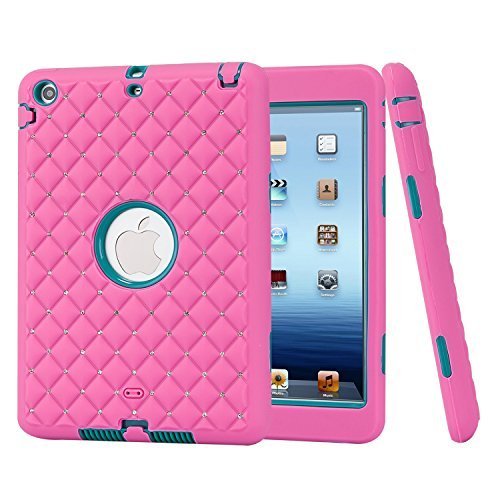 Ipad Mini Case, H&T(TM) Unique Silicone Design Soft Ipad Mini 3 In1 Hybrid Shockproof Protective Bling Diamonds Cover Case for Apple Ipad Mini 3/ 2/ 1 (Rosered+Green)