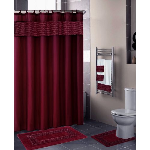 Burgundy FLORAL RIBBON 18-Piece Bathroom Set: 2-Rugs/Mats, 1-Fabric Shower Curtain, 12-Fabric Covered Rings, 3-Pc. Decorative Towel Set