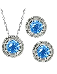 3.00 Ct Round Swiss Blue Topaz Gemstone Sterling Silver Pendant Earrings Set