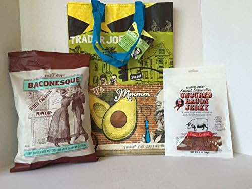 Trader Joe's Baconesque White Cheddar Popcorn & Trader Joes Sweet Sriracha Uncured Bacon Jerky Plus A Trader Joe's Reusable Grocery Bag With Southern California Graphics The Perfect Mother's Day Bacon Bundle for the Bacon Lover. (3 Items)
