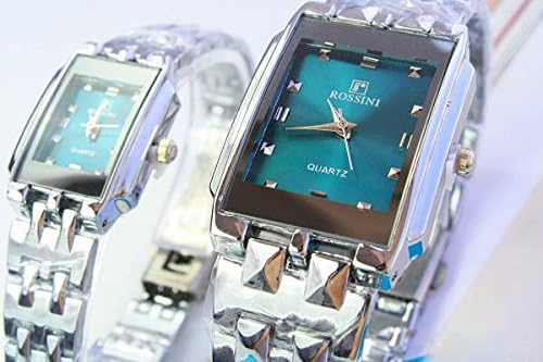 Pair Couple Lover Rectangle Blue Dial Stainless Steel Quartz Wrist Watch