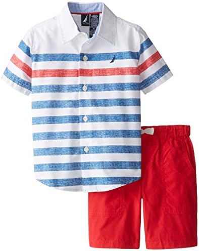 Nautica Little Boys' 2 Piece Short Sleeve Woven Short Set, White, 3T