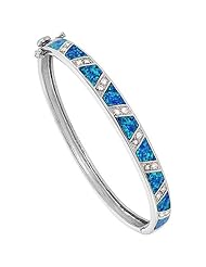 Sterling Silver Bangle Bracelet Synthetic Opal Inlay w/ CZ stones 1/4 inch (7 mm) wide