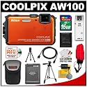 Nikon Coolpix AW100 Shock & Waterproof GPS 16.0 MP Digital Camera (Orange) with 16GB Card + Battery + Case + Tripod + Floating Strap + HDMI Cable + Cleaning Kit