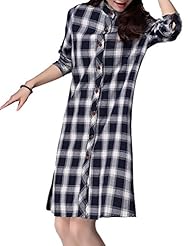 Long Sleeves Cotton/Linen Checkered Print  Dress