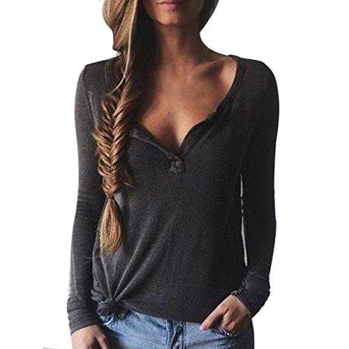 Franterd, Long Sleeve T-shirt, Women V Neck Tops/Sexy Blouse Shirt (M, Dark Gray)