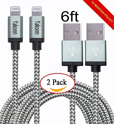 Yakonn 2 Pack 6ft Lightning Cable Nylon Braided Charging Cable Extra Long USB Cord for iphone 6s, 6s plus, 6plus, 6,5s 5c 5,iPad Mini, Air,iPad5,iPod on iOS9. With Aluminum Connector.