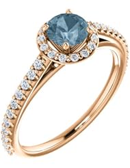 18K Rose Gold Round Cut Blue and White Diamond Halo-Style Ring -- LIFETIME WARRANTY