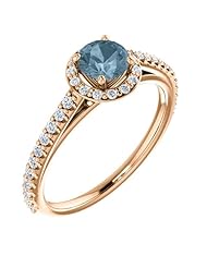 14K Rose Gold Round Cut Blue and White Diamond Halo-Style Ring -- LIFETIME WARRANTY