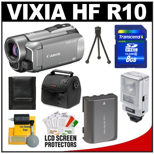 Canon VIXIA HF R10 Dual Flash Memory 1080p HD Camcorder (Silver) w/ 20x HD Zoom Lens & 2.7-inch Widescreen LCD with 8GB Card + Spare Battery + Video Light + Accessory Kit