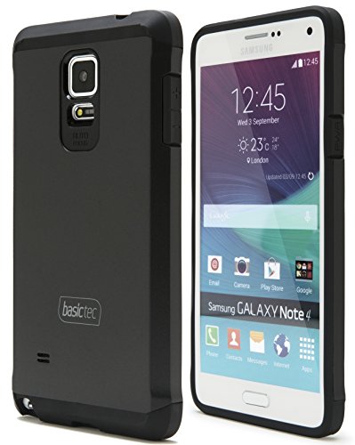 Basictec Samsung Galaxy Note 4 Case - Slim But Rugged Black Design, Hard Dual Layer (TPU + Plastic) Shock Proof Bumper - Heavy Duty But Thin Cover - Includes 2 Clear Screen Protectors + Cleaning Cloth