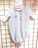 Hand Knitted Crochet Finished Blue Cotton with White Stripe Baby Bunting Hat Set
