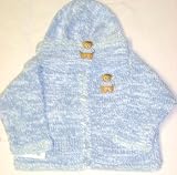 Knitted on Hand Knitting Machine Finished By Hand Crochet Blue Chenille Denim Cotton Tweed Infant Boys Outfit Cardigan Hat Set Trimmed with Teddy Bear Patch