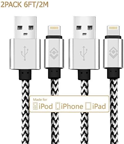 Lightning Cable, [2-Pack] 6ft/2m USB Cable Nylon Braided tangle-free High Speed Data Sync Charger cord with Aluminum heads for Apple iPhone 6/6s/5/5s/5c Plus iPad iPod iPad Air Mini (silver)