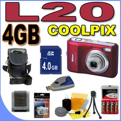 Nikon Coolpix L20 10MP Digital Camera w/3.6x Optical Zoom (Deep Red) 4GB BigVALUEInc Accessory Saver NiMH Bundle