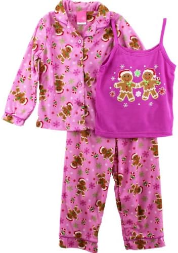 J. Khaki "Gingerbread Men" Pink Girls 3 Piece Flannel Coat Pajamas Set (4/5)