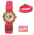 Girls Barbie Watch with Pink Canvas Strap with Fold-Over Velcro Fastening and White Dial