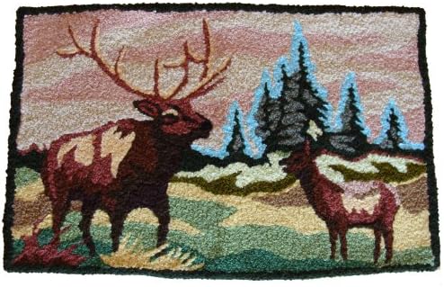 Mother and Baby Elk with Evergreens Handmade Rug
