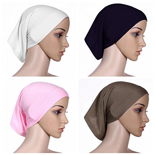 Ksweet 4pcs Lightweight Hijab Cap Under Scarf Women Tube Bonnet Cap Elastic Underscarves Inner Hijab Caps (Black+Beige+Pink+Light brown )