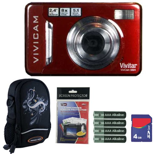 Vivitar Vivicam V5024 5.1MP Red Digital Camera Plus 4GB Accessory Kit