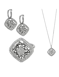 BRI Jewelry Sterling Silver Textured Flat Square Shape With Black Vine Design And Clear Cubic Zirconia Set - Pendant - Earring - Ring Size 6
