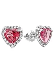 1.65 Carat (ctw) 10k White Gold Heart Pink Tourmaline Diamond Halo Stud Earrings