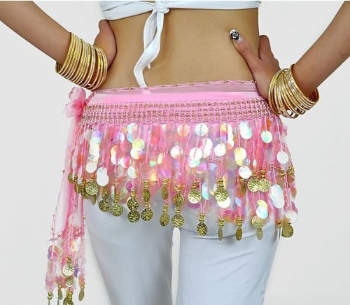 Multi-Row Paillettes Gold Coins Belly Dance Wrap & Hip Scarf, Lively Style -pink