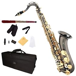 Cecilio 2Series TS-280BNG Black Nickel Plated B Flat Tenor Saxophone w/ Gold Plated Keys + Case, Mouthpiece, 11 Reeds, & More