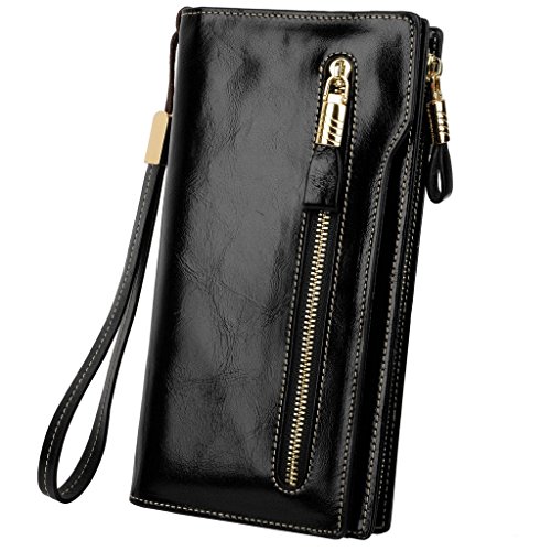 YALUXE Women's Large Capacity Luxury Waxed Leather Wristlet Wallet With Zipper Pocket