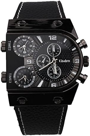 Oulm Mens Sports Analog Russia Military Army Multi-time Zones 3 Times Quartz Leather Black Case Dial Wristband Watches