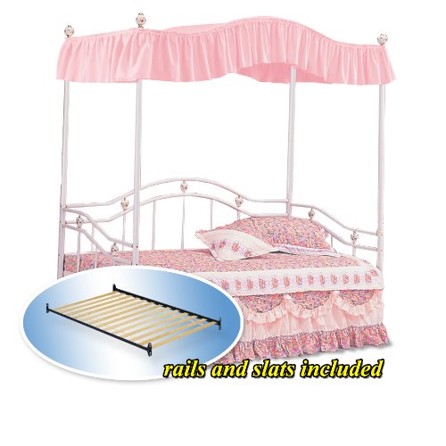 Bubblegum Pink Princess Canopy Set White Twin Day Bed Day Bed Set with Bed Slats Bunkie Boards & Rails