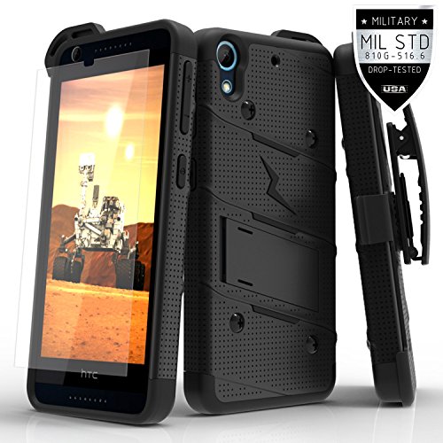 Zizo Slim Fit Dual Layer Holster Belt-clip Kickstand Bolt Case with 9H Tempered Glass Screen Protector for HTC Desire 626/ 626s - Black